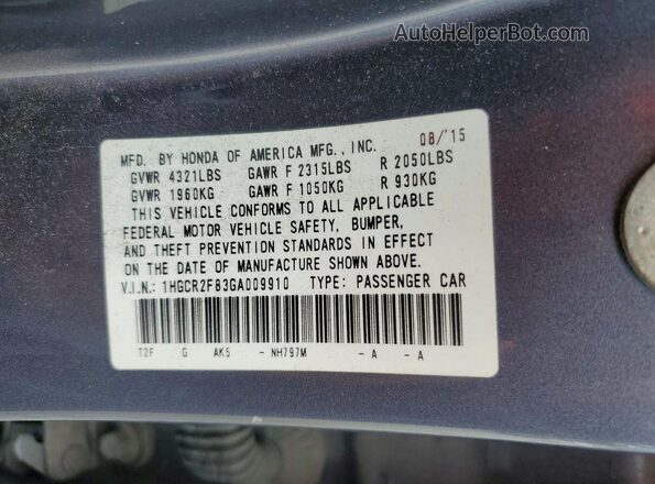 1HGCR2F83GA009910 2016 HONDA ACCORD Gray Widok naklejki z numerem VIN