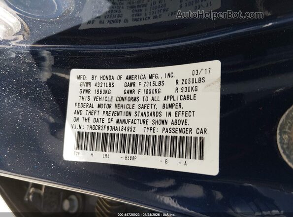 1HGCR2F83HA184952 2017 HONDA ACCORD Dark Blue ძრავის განყოფილების ხედი