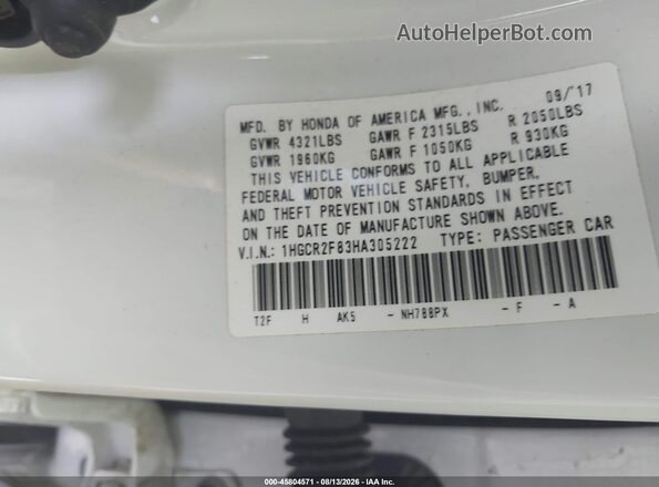 1HGCR2F83HA305222 2017 HONDA ACCORD Белый Вид подкапотного пространства