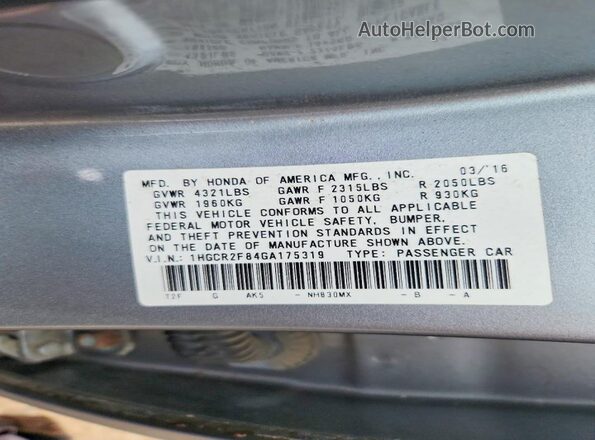 1HGCR2F84GA175319 2016 HONDA ACCORD Silver Вид підкапотного простору