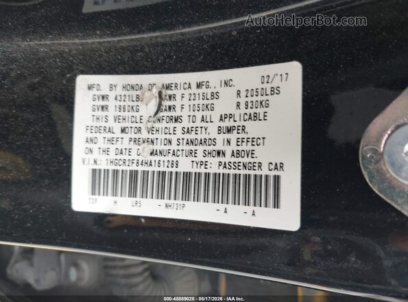 1HGCR2F84HA161289 2017 HONDA ACCORD Black Widok komory silnika