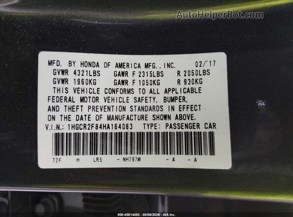 1HGCR2F84HA164063 2017 HONDA ACCORD Gray Engine compartment view