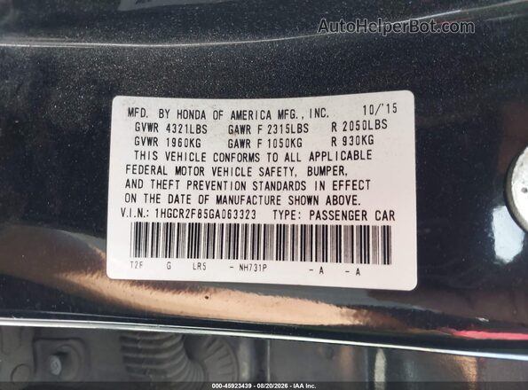 1HGCR2F85GA063323 2016 HONDA ACCORD Black Շարժիչի բաժամունքի տեսք