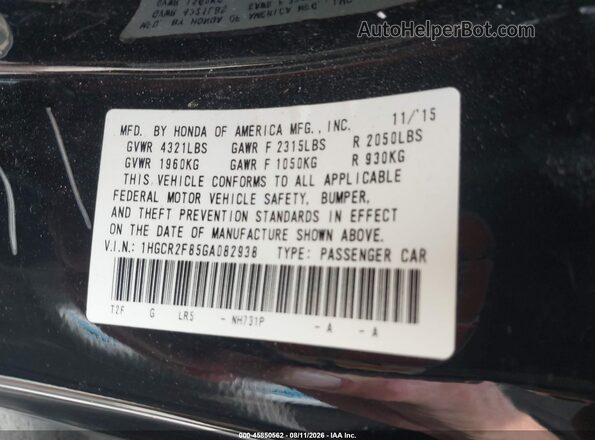 1HGCR2F85GA082938 2016 HONDA ACCORD Черный Вид подкапотного пространства