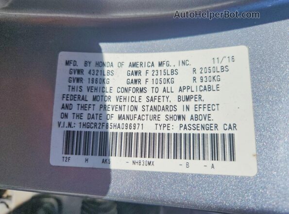 1HGCR2F85HA096971 2017 HONDA ACCORD Silver Вид підкапотного простору