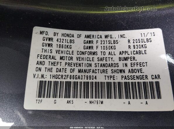 1HGCR2F86GA079904 2016 HONDA ACCORD Gray Widok komory silnika