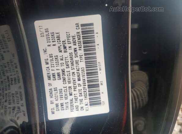 1HGCR2F86HA190583 2017 HONDA ACCORD Black Vista del compartimento del motor