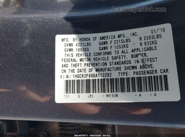 1HGCR2F88GA113292 2016 HONDA ACCORD Gray Вид підкапотного простору