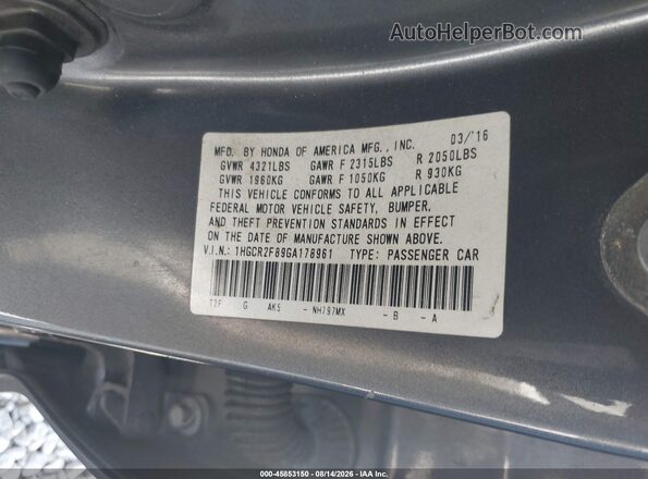 1HGCR2F89GA178961 2016 HONDA ACCORD Серый Вид подкапотного пространства
