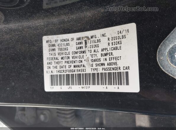 1HGCR2F89GA194593 2016 HONDA ACCORD Black Շարժիչի բաժամունքի տեսք