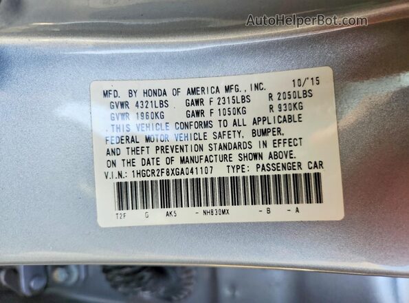 1HGCR2F8XGA041107 2016 HONDA ACCORD Silver VIN კოდის სტიკერის ხედი