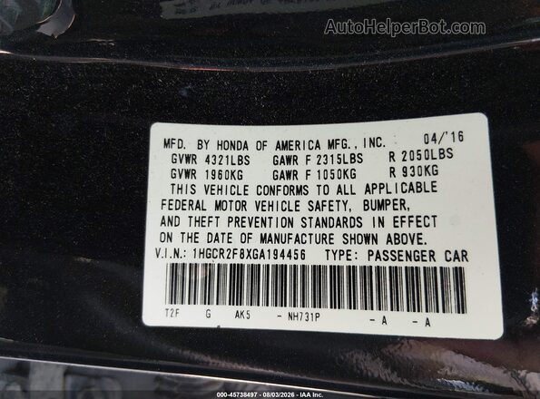 1HGCR2F8XGA194456 2016 HONDA ACCORD Black Vista del compartimento del motor