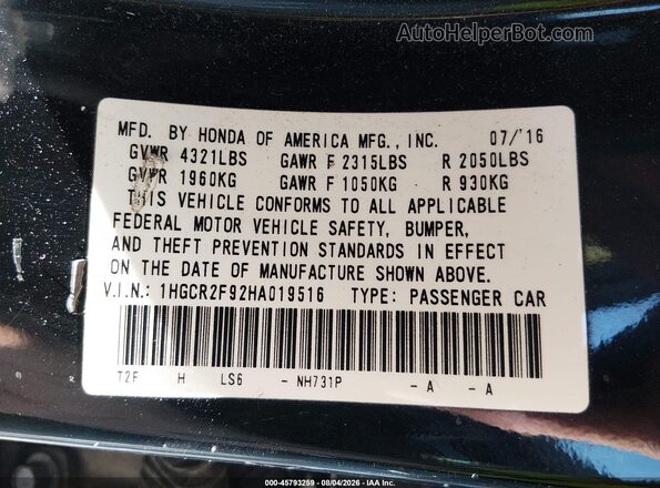 1HGCR2F92HA019516 2017 HONDA ACCORD Black Vista del compartimento del motor
