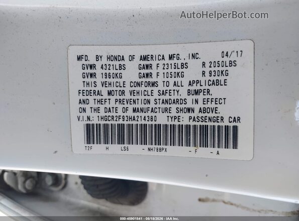 1HGCR2F93HA214380 2017 HONDA ACCORD White Շարժիչի բաժամունքի տեսք