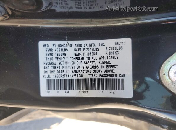 1HGCR2F94HA251986 2017 HONDA ACCORD Black Շարժիչի բաժամունքի տեսք