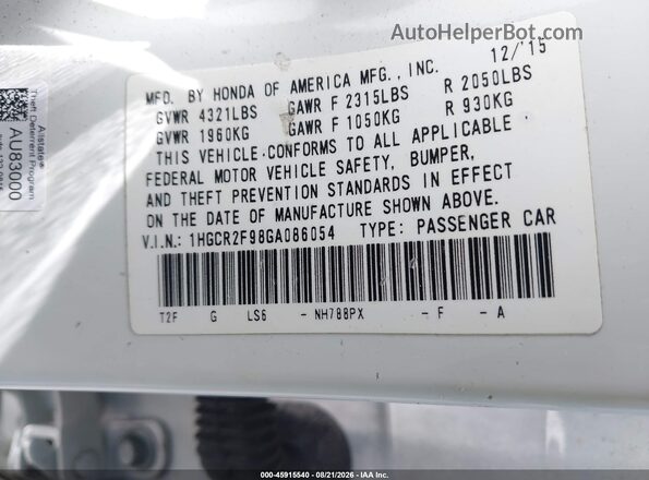 1HGCR2F98GA086054 2016 HONDA ACCORD White Vista del compartimento del motor