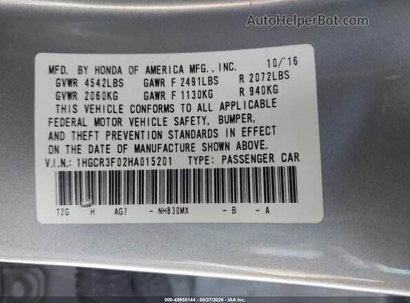 1HGCR3F02HA015201 2017 HONDA ACCORD Silver Widok komory silnika