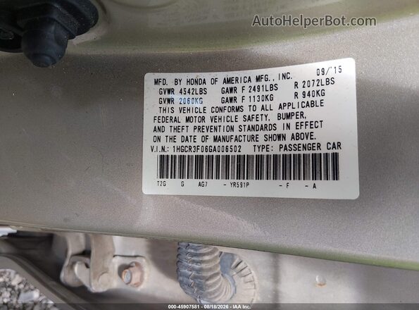 1HGCR3F06GA006502 2016 HONDA ACCORD Золотой Вид подкапотного пространства