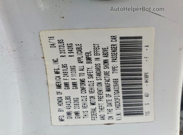 1HGCR3F07GA026466 2016 HONDA ACCORD White Vista del compartimento del motor