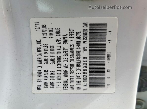1HGCR3F80GA008736 2016 HONDA ACCORD White VIN sticker view