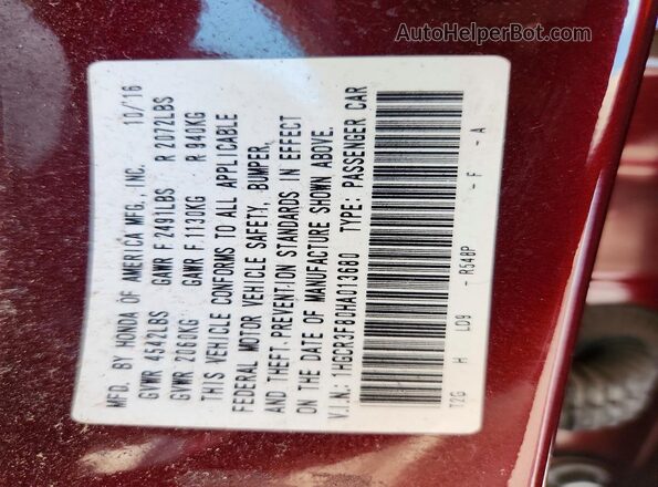 1HGCR3F80HA013680 2017 HONDA ACCORD Burgundy Вид наклейки з VIN-кодом