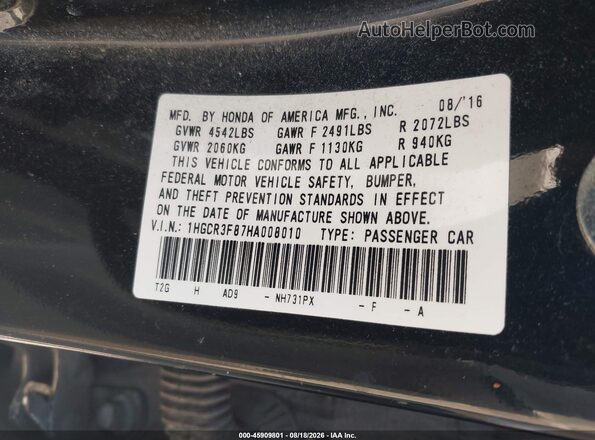 1HGCR3F87HA008010 2017 HONDA ACCORD Черный Вид подкапотного пространства