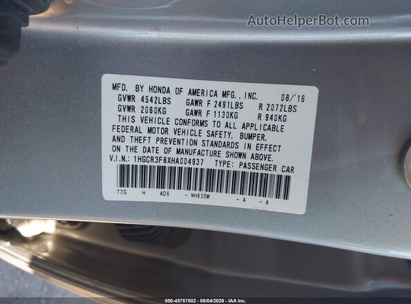 1HGCR3F8XHA004937 2017 HONDA ACCORD Silver ძრავის განყოფილების ხედი