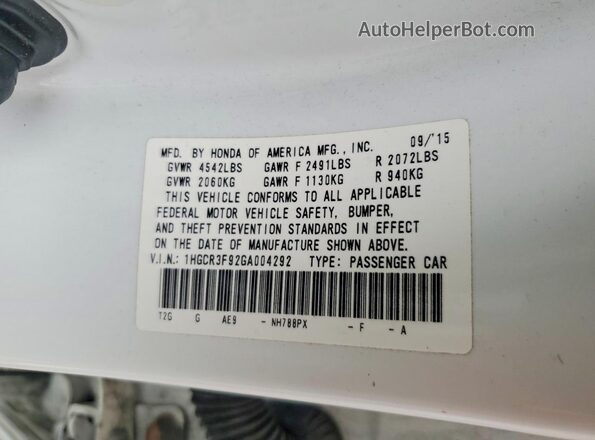 1HGCR3F92GA004292 2016 HONDA ACCORD White Engine compartment view