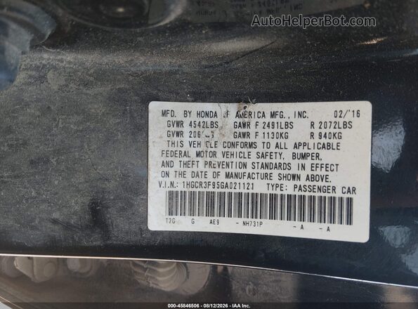 1HGCR3F95GA021121 2016 HONDA ACCORD Black Engine compartment view