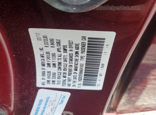 1HGCR3F98HA041400 2017 HONDA ACCORD Темно-бордовый Вид подкапотного пространства