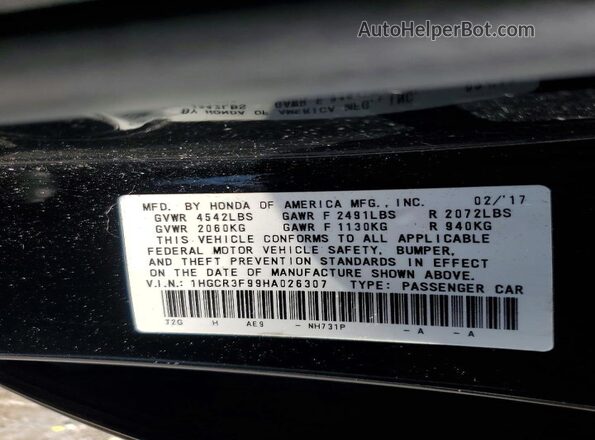 1HGCR3F99HA026307 2017 HONDA ACCORD Black VIN კოდის სტიკერის ხედი
