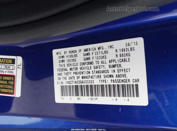1HGCT1A35GA000052 2016 HONDA ACCORD Синий Вид подкапотного пространства