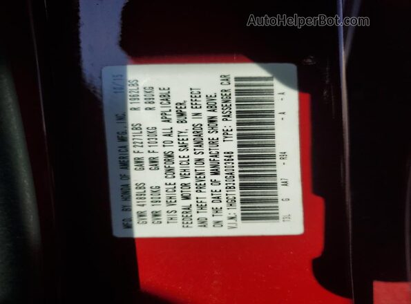 1HGCT1B30GA003648 2016 HONDA ACCORD Red Widok komory silnika