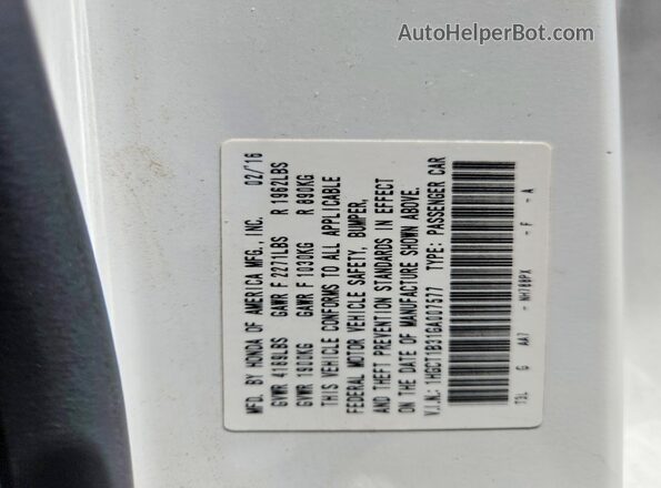 1HGCT1B31GA007577 2016 HONDA ACCORD Белый Вид подкапотного пространства