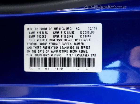 1HGCT1B72HA003963 2017 HONDA ACCORD Синий Вид подкапотного пространства