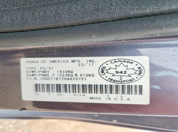 1HGCT1B72HA800701 2017 HONDA ACCORD Серый Вид подкапотного пространства