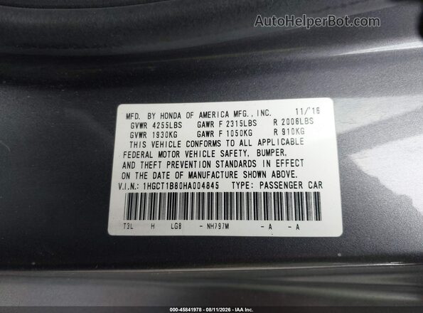 1HGCT1B80HA004845 2017 HONDA ACCORD Gray Widok komory silnika