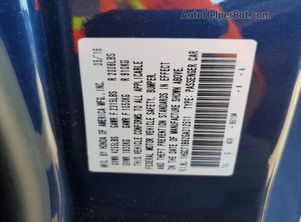 1HGCT1B82GA012511 2016 HONDA ACCORD Blue Vista del compartimento del motor