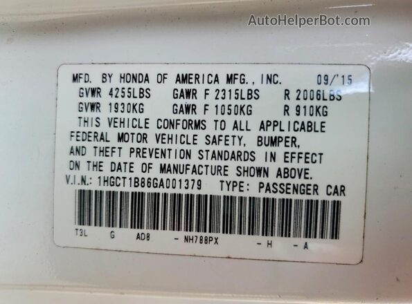 1HGCT1B86GA001379 2016 HONDA ACCORD White Vista del compartimento del motor