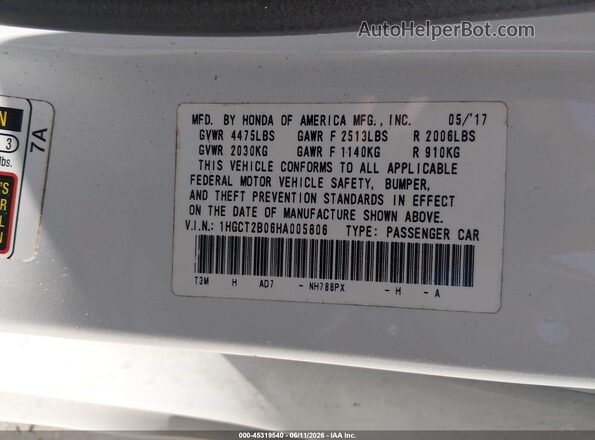 1HGCT2B06HA005806 2017 HONDA ACCORD White Vista del compartimento del motor