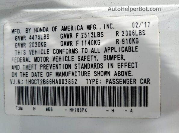 1HGCT2B86HA003852 2017 HONDA ACCORD White Вид задньої частини салону