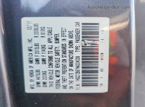 1HGCT2B87HA004038 2017 HONDA ACCORD Gray Engine compartment view