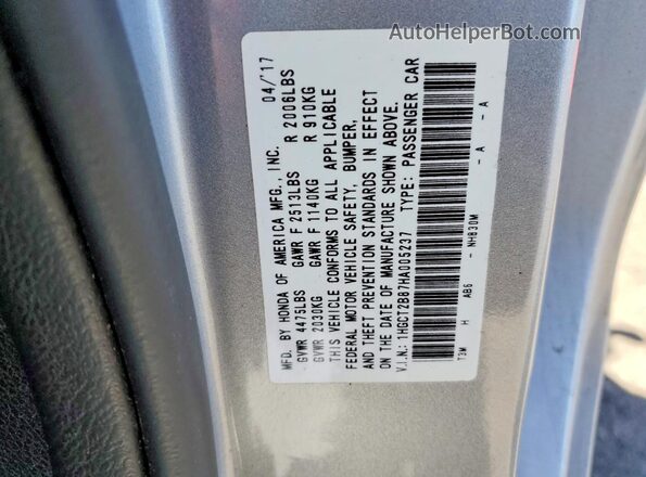 1HGCT2B87HA005237 2017 HONDA ACCORD Silver VIN კოდის სტიკერის ხედი
