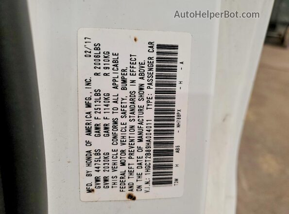 1HGCT2B89HA004011 2017 HONDA ACCORD White VIN sticker view