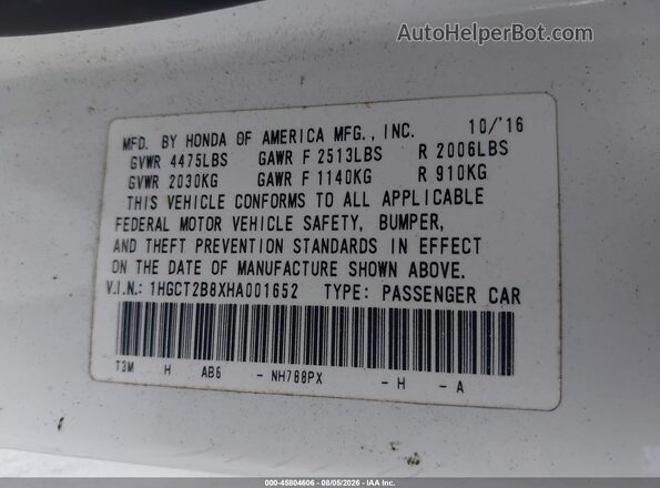 1HGCT2B8XHA001652 2017 HONDA ACCORD White Vista del compartimento del motor