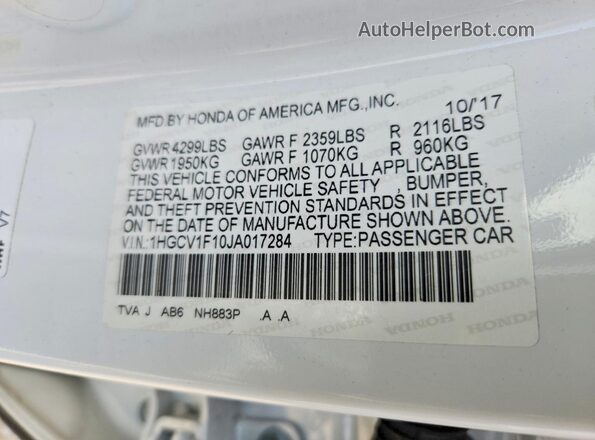 1HGCV1F10JA017284 2018 HONDA ACCORD White Engine compartment view