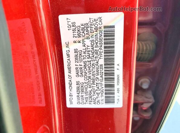 1HGCV1F10JA021206 2018 HONDA ACCORD Red Вид наклейки з VIN-кодом
