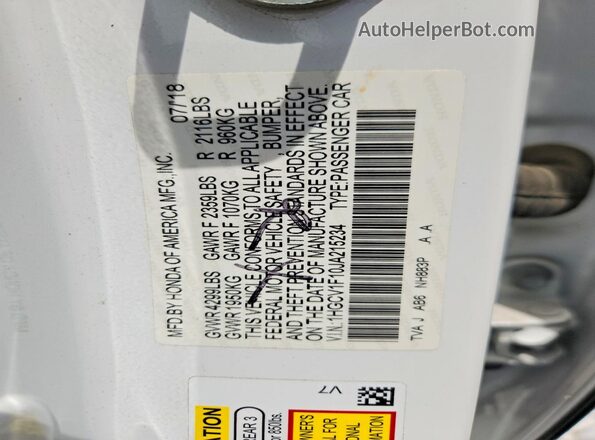 1HGCV1F10JA215234 2018 HONDA ACCORD White Շարժիչի բաժամունքի տեսք