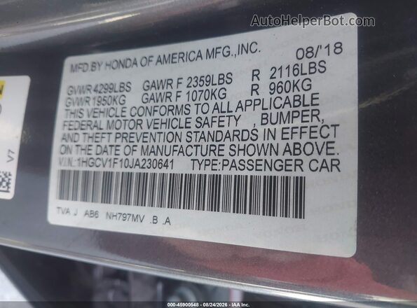 1HGCV1F10JA230641 2018 HONDA ACCORD Gray Engine compartment view