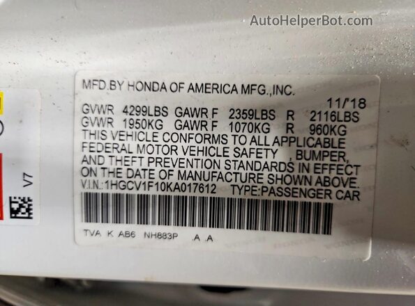 1HGCV1F10KA017612 2019 HONDA ACCORD White Engine compartment view